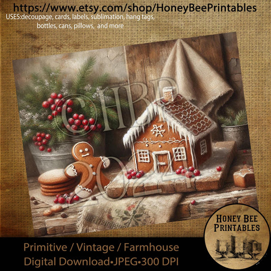 Digital Download, Printable, Decoupage, Primitive, Farmhouse, Craft Supplies, Gingerbread Cookies, Gingerbread House, Christmas, Berries