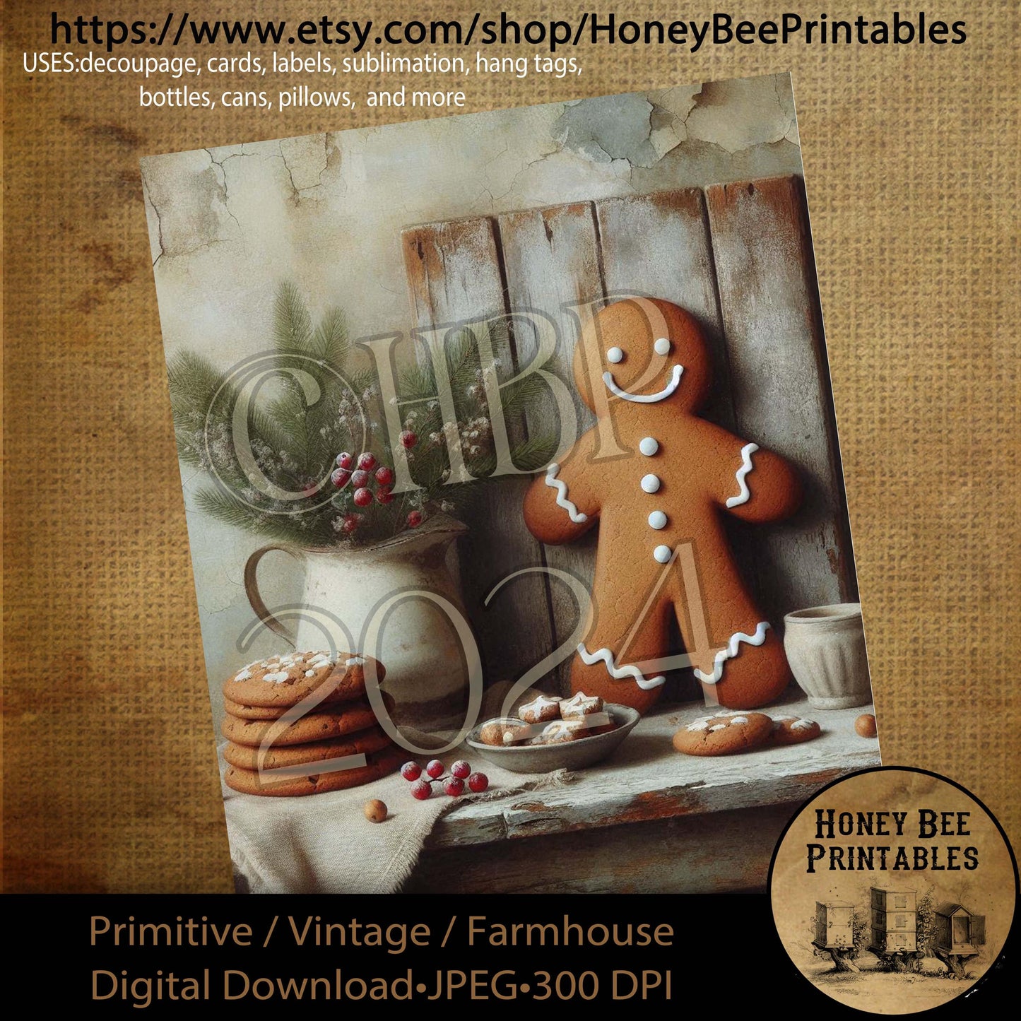 Digital Download, Printable, Decoupage, Primitive, Farmhouse, Craft Supplies, Gingerbread Cookies, Gingerbread Man, Christmas, Berries, 8x10
