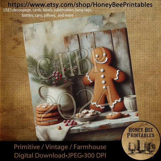 Digital Download, Printable, Decoupage, Primitive, Farmhouse, Craft Supplies, Gingerbread Cookies, Gingerbread Man, Christmas, Berries, 8x10