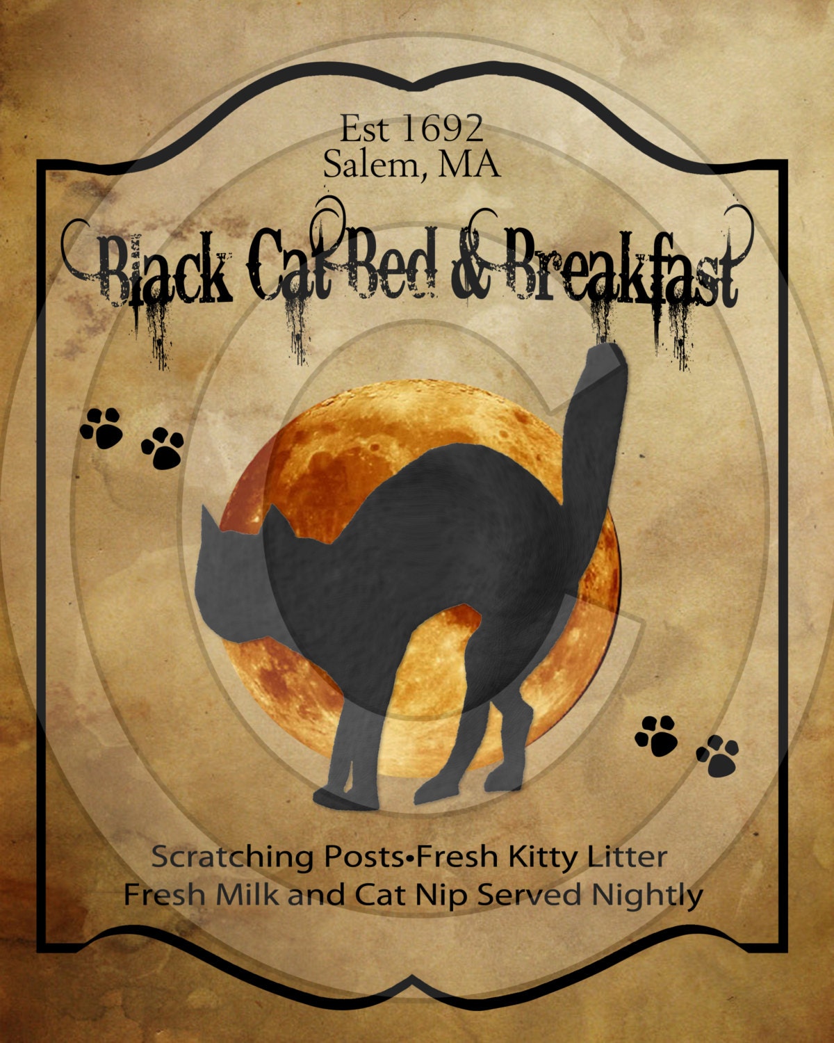 Black Cat Halloween Bed & Breakfast Printable Digital Feedsack Logo JPEG File- Download-Use for Pillows,Dolls,Bears,Framed Prints,Labels