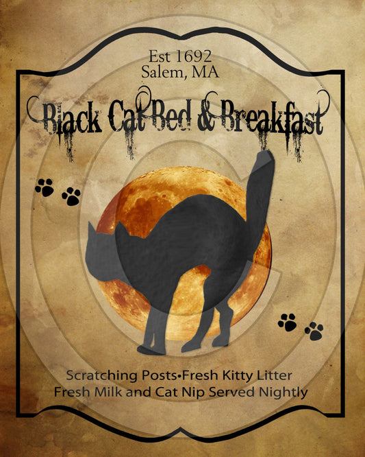 Black Cat Halloween Bed & Breakfast Printable Digital Feedsack Logo JPEG File- Download-Use for Pillows,Dolls,Bears,Framed Prints,Labels