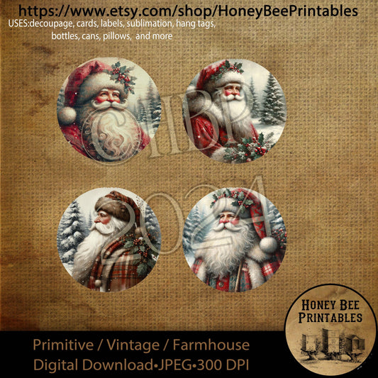 Digital Download, Printable, Decoupage, Primitive, Craft Supplies, Ornaments, Santa Claus, Snowy Woods Christmas, Round 3 inch, Set of 4