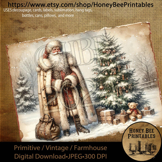 Vintage Primitive Instant Download, Printable, 8x10, Decoupage, Cards, Christmas, Santa Claus, Old World Santa, Belsnickel, Tree, Snow, 01