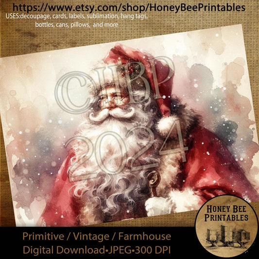 Digital Download, Printable, Decoupage, Primitive, Farmhouse, Craft Supplies, Santa Claus, Old World Santa, Vintage Santa, Christmas, A4, #3