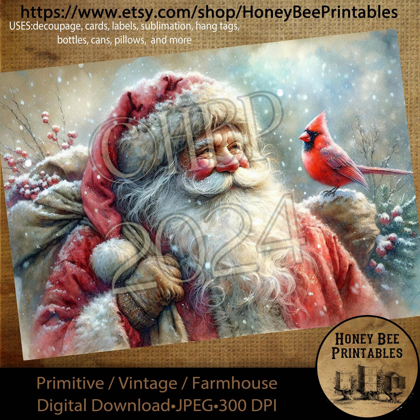 Digital Download, Printable, Decoupage, Primitive, Craft Supplies, Santa Claus, Old World Santa, Vintage Santa, Redbird, Cardinal, A4, #1