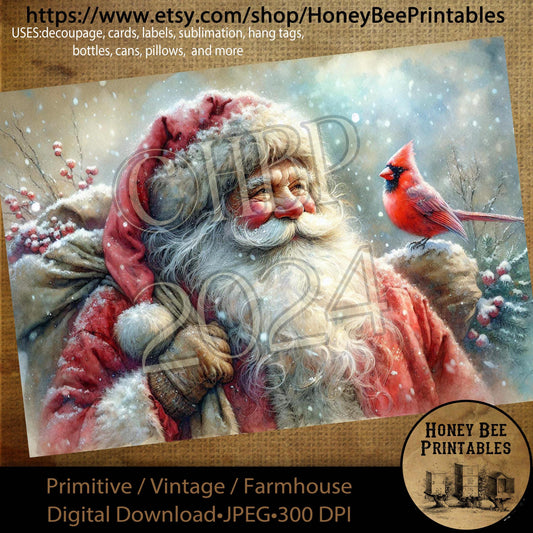 Digital Download, Printable, Decoupage, Primitive, Craft Supplies, Santa Claus, Old World Santa, Vintage Santa, Redbird, Cardinal, A4, #1