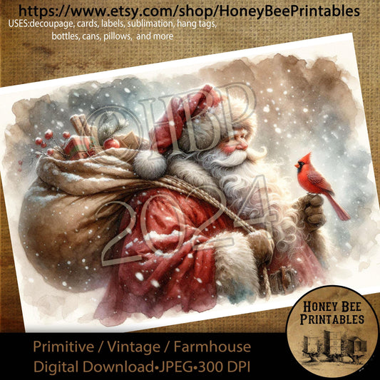 Digital Download, Printable, Decoupage, Primitive, Craft Supplies, Santa Claus, Old World Santa, Vintage Santa, Redbird, Cardinal, A4, #4