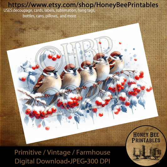 Digital Download, Printable, Decoupage, Primitive, Craft Supplies, Sparrow Bird, Sparrow, Winter Birds, Winter, Snowy Branches, Berries, A4