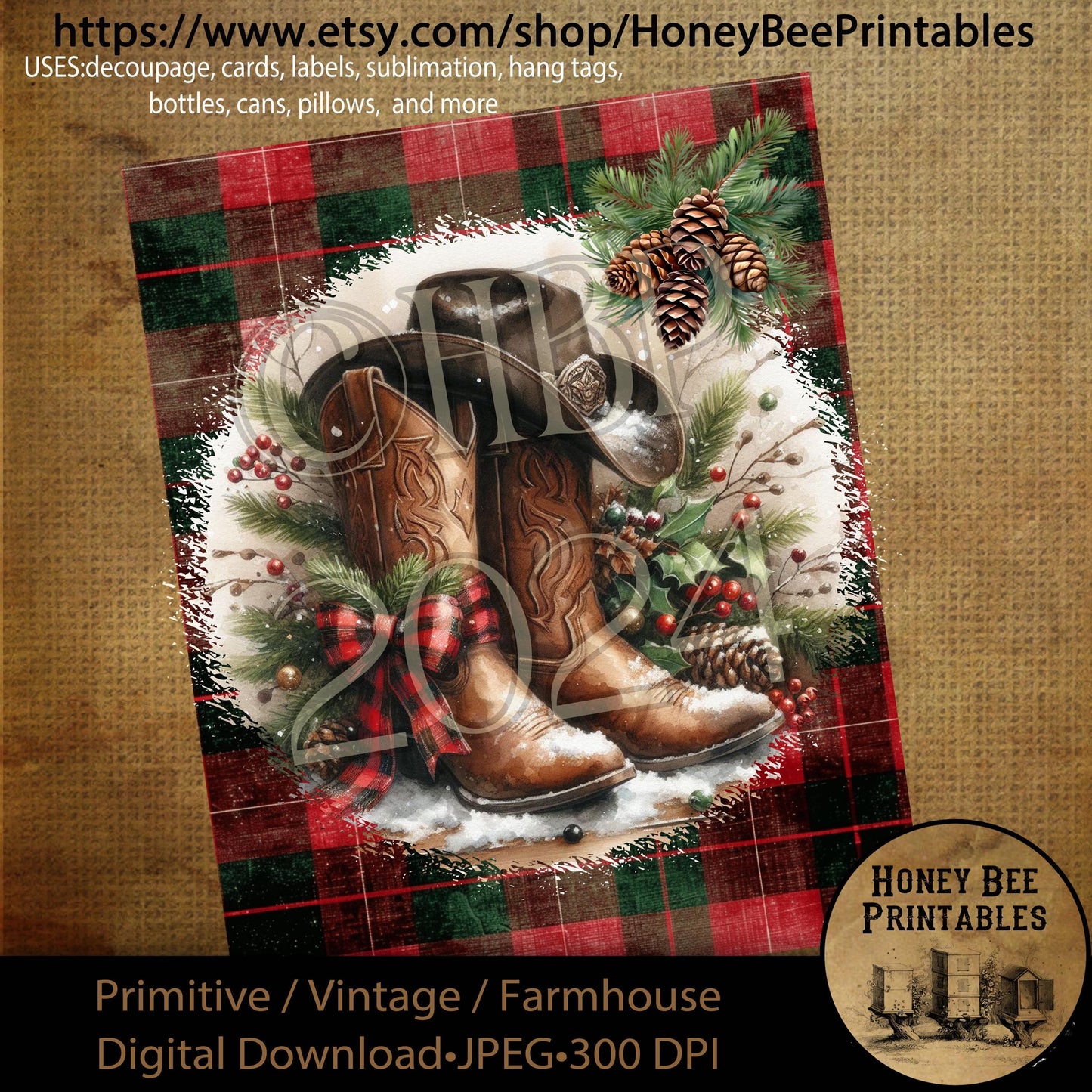 Digital Download, Printable, Decoupage, Primitive, Farmhouse, Craft Supplies,  Cowboy Christmas, Boots, Cowboy Hat, Flannel, Western, 8x10