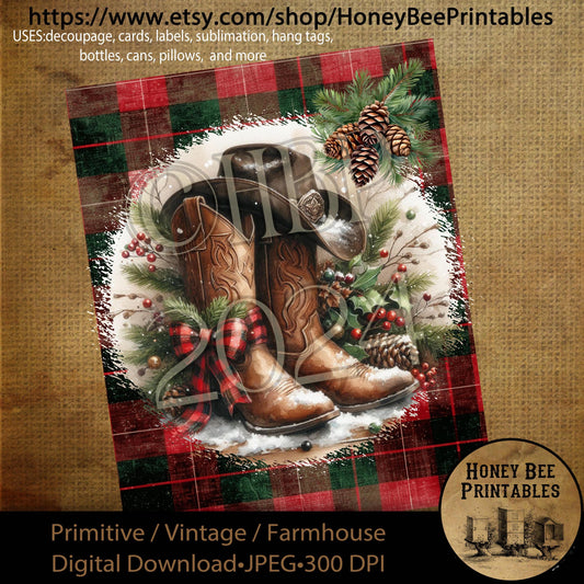 Digital Download, Printable, Decoupage, Primitive, Farmhouse, Craft Supplies,  Cowboy Christmas, Boots, Cowboy Hat, Flannel, Western, 8x10