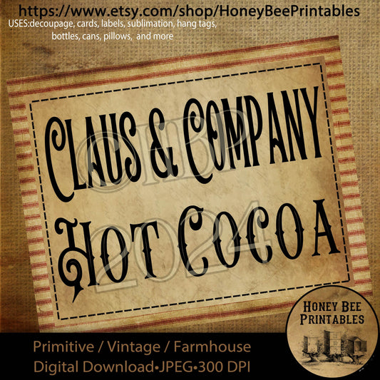 Digital Download, Printable, Decoupage, Farmhouse, Craft Supplies, Primitive Christmas Labels, Red Ticking, Claus & Company Hot Cocoa