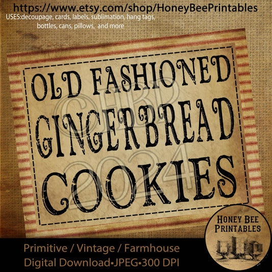 Digital Download, Printable, Decoupage, Farmhouse, Craft Supplies, Primitive Christmas Label, Red Ticking, Old Fashioned Gingerbread Cookies