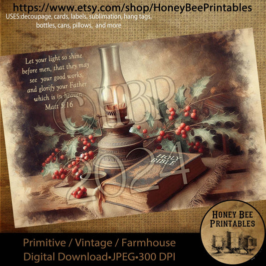 Digital Download, Printable, Decoupage, Primitive, Craft Supplies, A4, Oil Lamp, Bible, Christmas, Matthew 5, Let Your Light So Shine