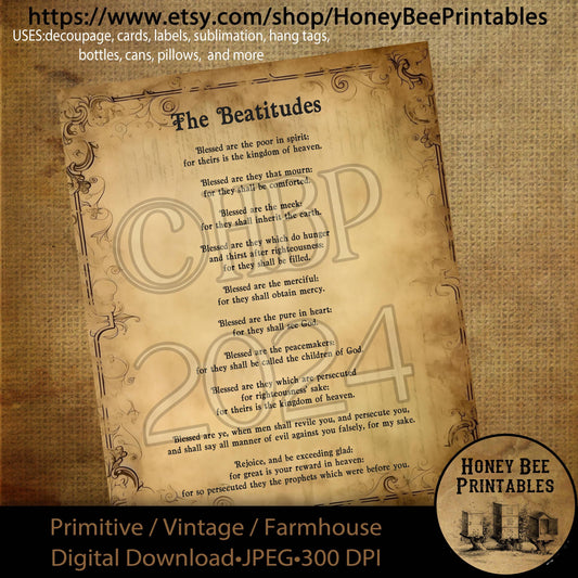Digital Download, Digital Art, Printable, Decoupage, Primitive, Craft Supplies, Bible, Scripture, The Beatitudes, Matthew 5, KJV, Jesus