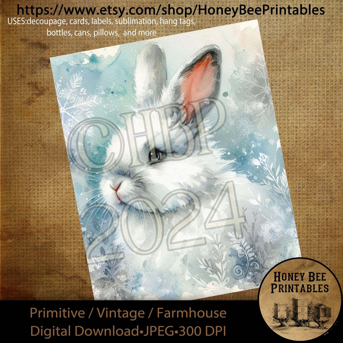 Digital Download, Printable, Decoupage, Primitive, Farmhouse, Craft Supplies, Vintage, Rustic, Winter Wonderland, Winter, White Rabbit, Snow