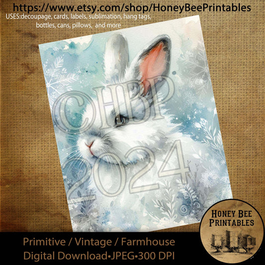 Digital Download, Printable, Decoupage, Primitive, Farmhouse, Craft Supplies, Vintage, Rustic, Winter Wonderland, Winter, White Rabbit, Snow