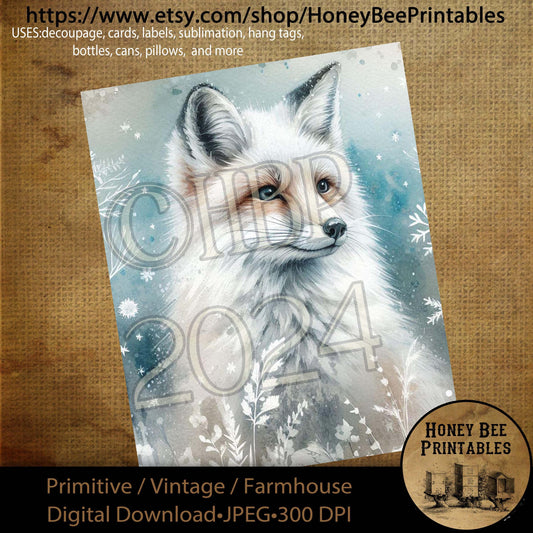 Digital Download, Printable, Decoupage, Primitive, Farmhouse, Craft Supplies, Vintage, Rustic, Winter Wonderland, Winter, White Fox, Snow
