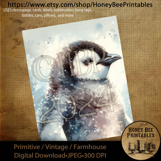 Digital Download, Printable, Decoupage, Primitive, Farmhouse, Craft Supplies, Vintage, Rustic, Winter Wonderland, Winter, Penguin, Artic