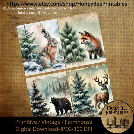 Digital Download, Digital Art, Printable, Decoupage, Primitive, Craft Supplies, 4x5, Rustic, Winter, Fox, Bear, Rabbit, Buck Deer, Woods