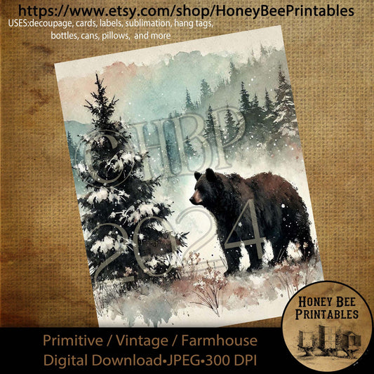 Digital Download, Printable, Decoupage, Primitive, Farmhouse, Craft Supplies, Vintage, Rustic, Winter Wonderland, Snow, Bear, Woods