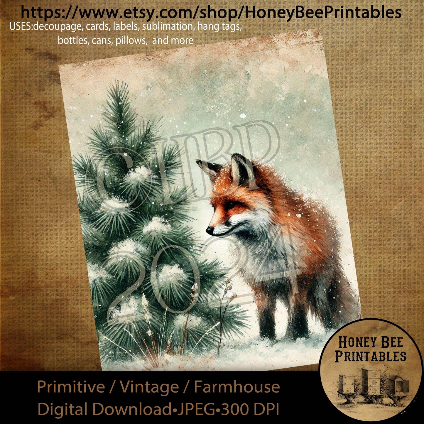 Digital Download, Printable, Decoupage, Primitive, Farmhouse, Craft Supplies, Vintage, Rustic, Winter Wonderland, Snow, Fox, Woods