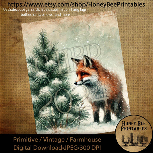 Digital Download, Printable, Decoupage, Primitive, Farmhouse, Craft Supplies, Vintage, Rustic, Winter Wonderland, Snow, Fox, Woods