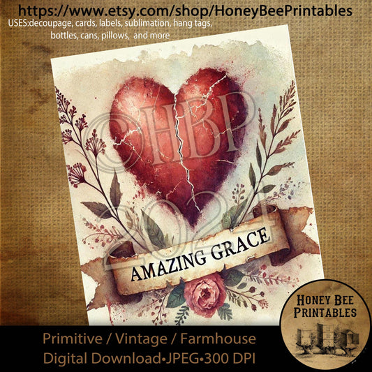 Digital Download, Printable, Decoupage, Primitive, Craft Supplies, Vintage, Rustic, Valentine, Red Heart, Amazing Grace, Inspirational, Love