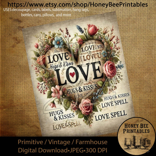 Digital Download, Printable, Decoupage, Primitive, Craft Supplies, Vintage, Rustic, Valentine, Subway Art, Word Collage, Love Spell, #1