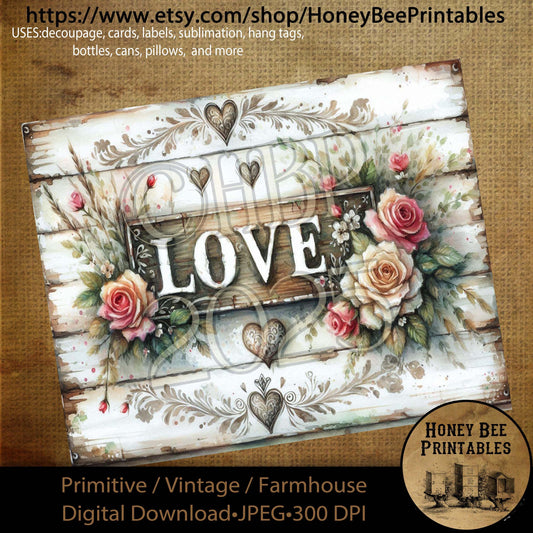 Digital Download, Printable, Decoupage, Primitive, Craft Supplies, Vintage, Rustic, Valentine, Old Wood Sign, Love Sign, Shabby Chic, 3