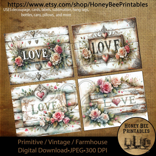 Digital Download, Printable, Decoupage, Prim, Craft Supplies, Rustic, Valentine, Love, Love Sign, Old Wood Sign, Shabby Chic, Chippy, 4x5