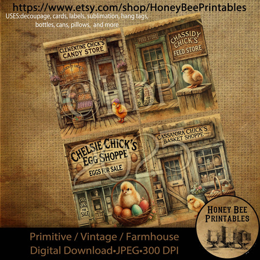 Digital Download, Printable, Decoupage, Prim, Craft Supplies, Rustic, Easter, Easter Chicks, Feed Store, Candy Store, Egg Shoppe, Baskets