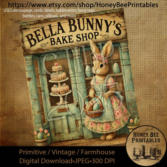 Digital Download, Printable, Decoupage, Primitive, Craft Supplies, Vintage, Rustic, Bella Bunny's Bake Shop, Easter Bunny, Bake Shop, Easter