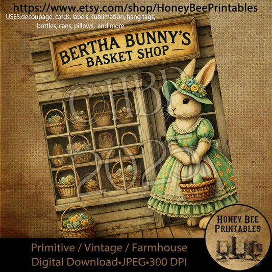 Digital Download, Printable, Decoupage, Primitive, Craft Supplies, Vintage, Rustic, Bertha Bunny's Baskets, Easter Basket, Easter Bunny