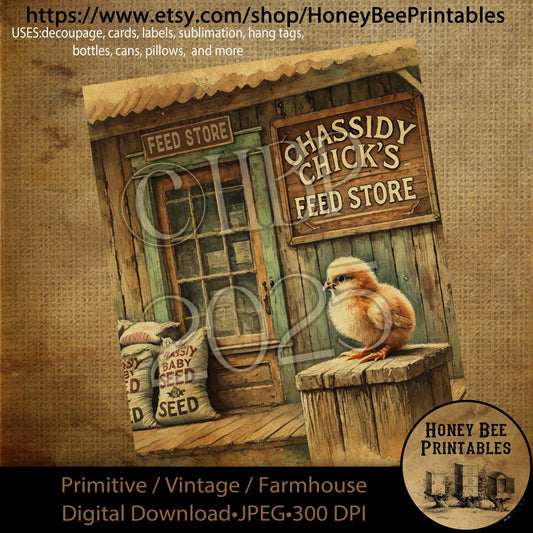 Digital Download, Printable, Decoupage, Primitive, Craft Supplies, Vintage, Rustic, Chassidy Chick Feed Store, Baby Chick, Easter Chick