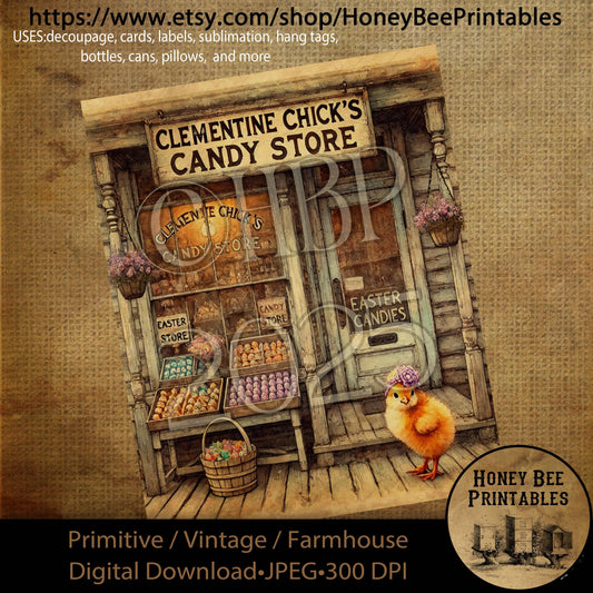 Digital Download, Printable, Decoupage, Primitive, Craft Supplies, Vintage, Rustic, Clementine Chick's Candy Store, Easter, Baby Chick