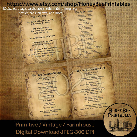 Digital Download, Digital Art, Printable, Decoupage, Primitive, Craft Supplies, 4x5, Ten Commandments, The Lord is My Shepherd, Beatitudes