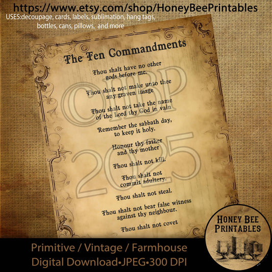 Digital Download, Digital Art, Printable, Decoupage, Primitive, Craft Supplies, Bible, Scripture, The Ten Commandments, Religious, Exodus 20