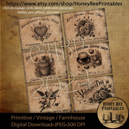 Digital Download, Printable, Decoupage, Vintage, Set / 6, Labels, Primitive Valentine Labels, Love Struck, Cupid, Love, Flowers, Coffee