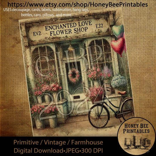 Digital Download, Printable, Decoupage, Primitive, Craft Supplies, Vintage, Rustic, Valentine, Enchanted Love Flower Shop, Flowers, Florist