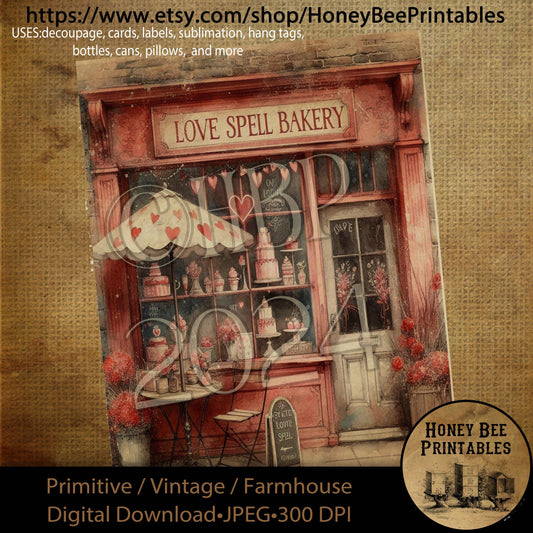 Digital Download, Printable, Decoupage, Primitive, Craft Supplies, Vintage, Rustic, Valentine, Love Spell Bakery, Bake Shop, Sweet, Love