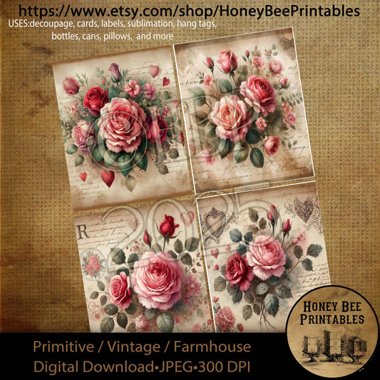 Digital Download, Art, Printable, Decoupage, Primitive, Vintage, Craft Supplies, 4x5, Rustic, Valentine, Roses, Flowers, Love, Floral, Rose