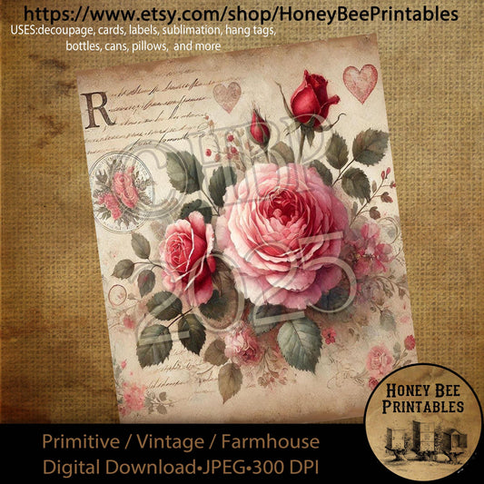 Digital Download, Printable, Decoupage, Primitive, Craft Supplies, Vintage, Rustic, Shabby, Valentine, Roses, Rose, Flowers, Floral, Love, 2