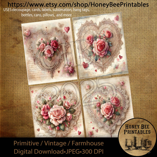 Digital Download, Printable, Decoupage, Prim, Craft Supplies, Rustic, Valentine, Love, Lace, Doily, Doilies, Hearts, Shabby Chic, Vintage