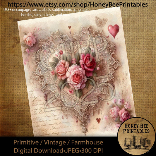 Digital Download, Printable, Decoupage, Primitive, Craft Supplies, Vintage, Rustic, Shabby, Valentine, Rose, Flowers, Lace, Doily, Heart, #1