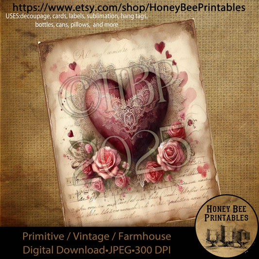 Digital Download, Printable, Decoupage, Primitive, Craft Supplies, Vintage, Rustic, Shabby, Valentine, Rose, Flowers, Lace, Doily, Heart, #3