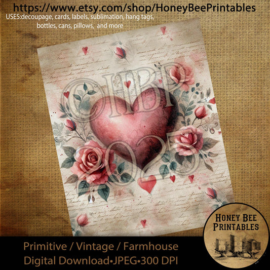 Digital Download, Printable, Decoupage, Primitive, Craft Supplies, Vintage, Rustic, Shabby, Valentine, Flowers, Hearts, Roses, Floral, #1