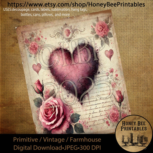 Digital Download, Printable, Decoupage, Primitive, Craft Supplies, Vintage, Rustic, Shabby, Valentine, Flowers, Hearts, Roses, Floral, #2