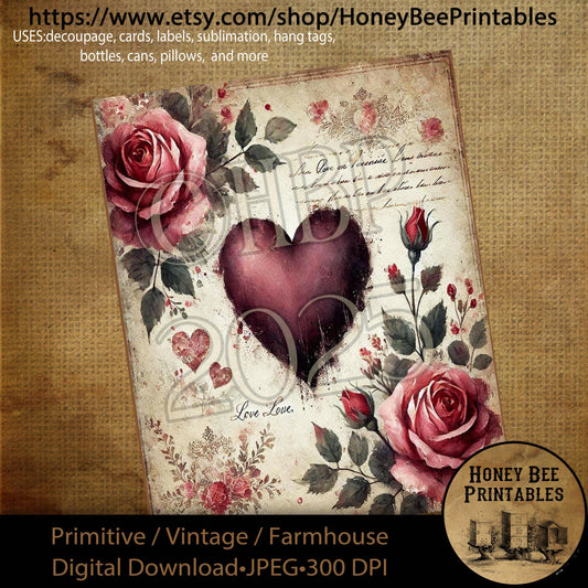 Digital Download, Printable, Decoupage, Primitive, Craft Supplies, Vintage, Rustic, Shabby, Valentine, Flowers, Hearts, Roses, Floral, #4