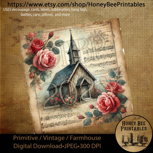 Digital Download, Printable, Decoupage, Primitive, Craft Supplies, Vintage, Rustic, Shabby, Valentine, Roses, Chapel, Church, Music, #2, 8x8