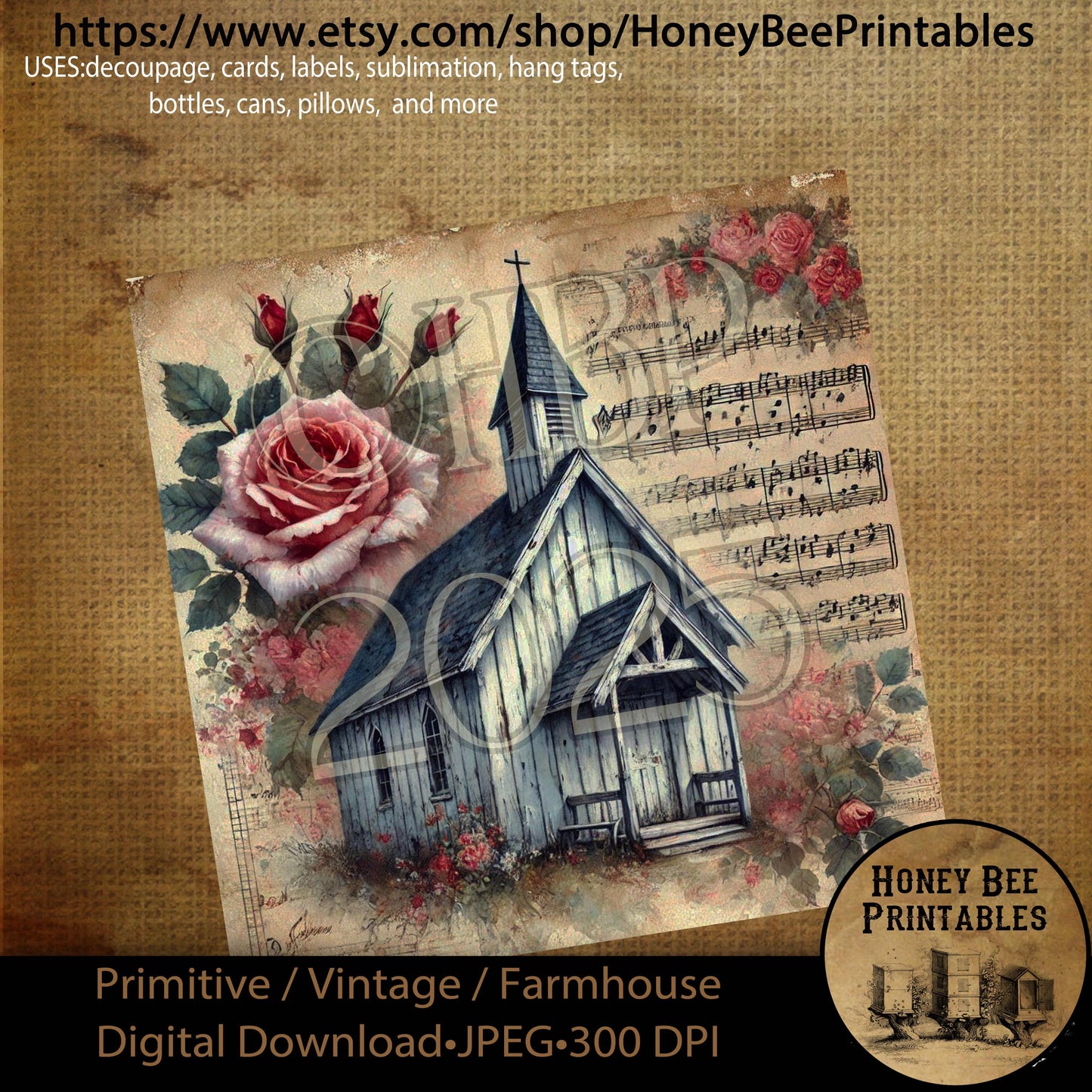 Digital Download, Printable, Decoupage, Primitive, Craft Supplies, Vintage, Rustic, Shabby, Valentine, Roses, Chapel, Church, Music, #4, 8x8